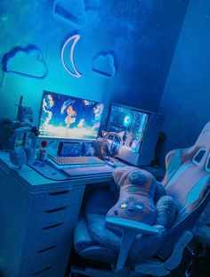 a child's bedroom with a computer and gaming chair