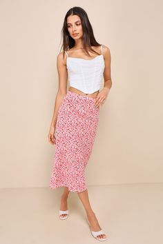 Your style will be making headlines when you style the Lulus Up and Coming Cutie Coral Pink Floral Print Midi Skirt! A backdrop of coral pink plays host to a ditsy floral pattern (in shades of light pink, ivory, and green), as it shapes this too-cute skirt with a high-waisted fit, a column silhouette, and a midi hem. Hidden side zipper/clasp. Fit: This garment fits true to size. Length: Mid-calf length. Size medium measures 30.5" from waist to hem. Waist: Fitted - elastic waist allows stretch. H Lulu Skirt, Ditsy Floral Pattern, Floral Print Midi Skirt, Lulu Fashion, Shades Of Light, Pink Ivory, Printed Midi Skirt, Pink Floral Print, Floral Midi Skirt