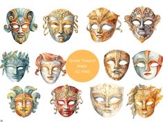 Greek Theatre Masks, Greek Theater Masks, Greek Mask, Theater Masks, Greek Theater, Mask Sticker, Paper Theatre, Mask Aesthetic, Theatre Masks