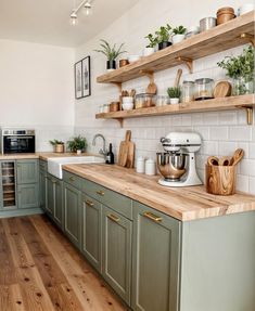 Penny Tiles, Tiles Backsplash, Backsplash Ideas, Cottage Kitchen, Counter Tops, Green Kitchen, Kitchen Makeover