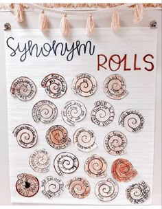 a bulletin board with different types of spirals on it and the words syncmym rolls written in red