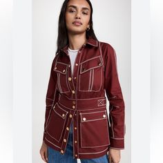 Brand New With Tags Veronica Beard Jacket Burgundy Outerwear With Pockets, Burgundy Long Sleeve Outerwear With Pockets, Burgundy Long Sleeve Outerwear For Work, Designer Red Long Sleeve Blazer, Designer Red Long Sleeve Outerwear, Veronica Beard Blazer, Brick Red Color, Houndstooth Jacket, Leopard Print Jacket