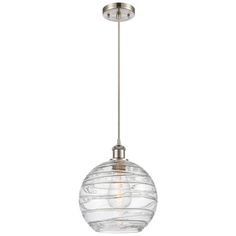 a light fixture with a glass ball hanging from it's end, on a white background