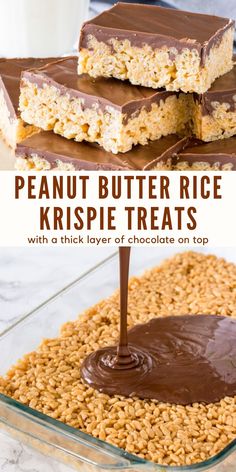 peanut butter rice krispie treats with a chocolate drizzle on top