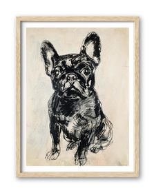 a black and white drawing of a dog in a wooden frame on a beige wall