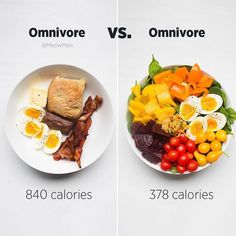 two plates with different types of food on them, one containing eggs and the other containing bacon