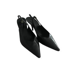 In Very Good Condition Black Slingback Pumps With 4-inch Heel For Business, Black Slingback Pumps With Ankle Strap For Business, Black Ankle Strap Slingback Pumps For Business, Black Closed Toe Slingback Pumps For Business, Black Almond Toe Slingback Pumps With Leather Sole, Black Almond Toe Slingback Pumps For Office, Black Pointed Toe Slingback Pumps For Office, Sleek Formal Slingback Pumps With Round Toe, Sleek Slingback Pumps With Round Toe For Formal Occasions