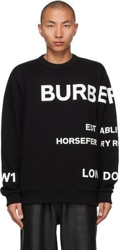 Long sleeve French terry sweatshirt in black. Logo and text bonded in white throughout. Rib knit crewneck collar, cuffs, and hem. Supplier color: Black Crewneck Outfit Men, Crewneck Outfit, Burberry For Men, Burberry Clothing, Burberry Outfit, Burberry Black, Black Luxury, Burberry Men, Knit Crewneck