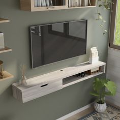 a flat screen tv mounted to the side of a wall next to a potted plant