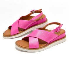 These leather sandals are both comfortable and cute with a buckled backstrap and a cushioned footbed. From Miz Mooz. Slingback Footbed Sandals With Buckle Closure For Vacation, Spring Double Strap Slingback Sandals With Leather Footbed, Leather Footbed Sandals With Adjustable Strap For Spring, Pink Leather Footbed Sandals For Spring, Pink Leather Slingback Sandals For Beach, Pink Leather Footbed Sandals With Removable Insole, Pink Slingback Sandals With Adjustable Strap, Pink Leather Footbed Sandals For Summer, Pink Leather Footbed Sandals With Buckle Closure