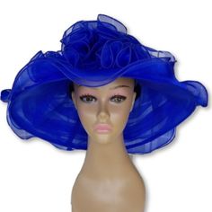 Gorgeous Blue Hat With Beautiful Bouquet Chic Blue Beach Hat, Chic Blue Summer Hats, Blue Spring Hat For Garden Party, Royal Blue Wide Brim Hat For Spring, Blue Hat For Spring Garden Party, Chic Blue Party Hat, Chic Blue Adjustable Hat, Chic Adjustable Blue Hat, Royal Blue Curved Brim Hat For Spring