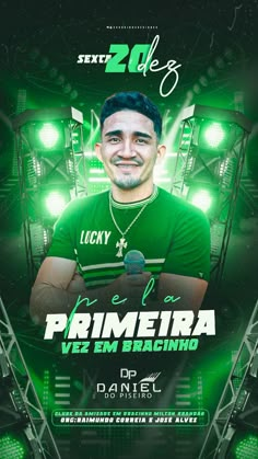 the flyer for an event with a man in green shirt and lights behind him,