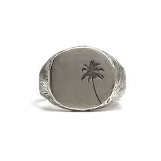 "A classic sterling silver signet palm tree ring in sterling silver. This ring will be beautiful on any finger you choose to wear it. The ring is not hollowed and has a combination of shiny & matte finish. This ring can be customized: It can be hand engraved to up to 3 letters. The engraving can be made with a font of your choosing - you can even write it in your own handwriting - nothing is more personalized than this <3 This minimalist cool and tough look ring is light and comfortable t Oval Sterling Silver Etched Signet Ring, Etched Oval Sterling Silver Signet Ring, Etched White Gold Sterling Silver Signet Ring, Adjustable Silver Etched Signet Ring, Adjustable Etched Silver Signet Ring, Classic Summer Jewelry For Gifts, Summer Sterling Silver Ring Jewelry, Palm Tree Jewelry, Mens Sterling Silver Jewelry