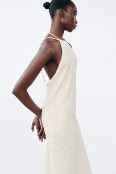 Elegant Beach Midi Dress With Ruched Back, Elegant Backless Dress With Ruched Back For Beach, Elegant Ruched Backless Dress For Beach, White Dress With Beaded Spaghetti Straps, Summer Wedding Backless Dress With Ruched Back, Spring Backless Dresses With Beaded Straps, Spring Dresses With Beaded Spaghetti Straps, Sleeveless Summer Dress With Beaded Straps, Summer Sleeveless Dress With Beaded Straps