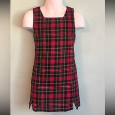 Super Cute For The Holidays!! Red Tartan Plaid Jumper Dress By The Children’s Place In A Size 4 Done In Polyester Rayon Blend Hidden Back Zipper Sleeveless Princess Seaming Two Small Kick Pleats In The Front At The Bottom Tag Has Been Lost But This Was Never Worn One Little Barb Is Still On The Size Tag Measures Chest:12 Inches Across Waist: 12 Inches Across Length: 20 Inches From Top Of Shoulder To Bottom Hem Matches Perfectly With The Dooney And Burke Purse And Scarf I Also Have Listed Mommy A Plaid Sleeveless School Dress, Sleeveless Plaid School Dress, Plaid Jumper Dress, Dooney And Burke, Plaid Jumper, Sleevless Dress, Girls Cotton Dresses, Place Dress, Mommy And Me Outfits