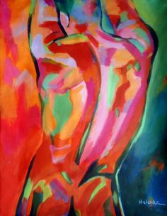 an abstract painting of a woman's torso in red, orange and green colors