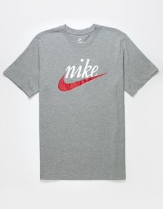 Nike Sportswear Futura Ii Tee. This Classic Cotton Tee With Our Heritage Nike Script Logo Gives You Soft Comfort For Casual, Everyday Wear. A Slight Puff To The Swoosh Print Adds A Dose Of Texture And Nostalgia. Lightweight Cotton Fabric Feels Soft And Comfortable For Casual, Everyday Wear. Relaxed Through The Shoulders, Chest And Body For An Athletic Fit You Can Layer. Ribbed Collar. 100% Cotton. Machine Wash. Imported. Nike Sports T-shirt With Logo, Sporty Logo T-shirt For Sports, Spring Gym T-shirt With Crew Neck, Nike Casual Workout T-shirt, Nike Gray Sports T-shirt, Sporty Cotton Tops With Logo, Heather Grey Crew Neck Workout Top, Spring Short Sleeve Activewear With Letter Print, Sporty Heather Grey Moisture-wicking Top