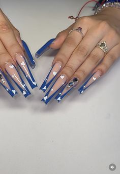 Royal Blue Long Nails, Royal Blue And White Nails, Long Blue Nails, Quinceanera Nails, Royal Blue Nails, Classy Acrylic Nails