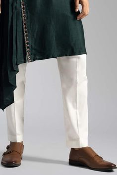 Emerald green kurta featuring side placket with thread and mirrorwork detail. Comes with pant. - Aza Fashions Kurta With Pants, Band Collar, Pants Pattern, Embroidered Silk, Aza Fashion, Emerald Green, Mens Pants, Types Of Sleeves, Emerald