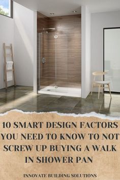 a bathroom with a walk in shower sitting next to a chair and table on the floor