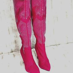 New, Never Worn Mata Shoes Hot Pink & Silver Rhinestone Flame Detail Over The Knee Thigh High Boots Fully Covered Body Rhinestone Boots With Flame Design Pointed Toe 4" (Approx) Stiletto Heels Pull On With Partial Side Zipper Total Height Including Heel Measures Approximately 24" Top Opening Measures Approximately 18" Calf Measures Approximately 15.5" Sexy As Heck!! Elegant Rhinestone Knee-high Boots For Party, Glamorous Knee-high Boots With Rhinestones, Elegant Rhinestone Knee-high Boots, Rhinestone Knee-high Boots For Party, High Heel Knee-high Boots With Rhinestones For Party, Silver Knee-high Boots For Night Out, Fitted Silver Glamorous Knee-high Boots, Fitted Silver Boots With Rhinestones, Fitted Boots With Rhinestones For Party