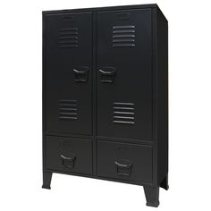 a black metal locker with two doors