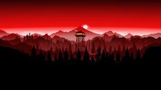 an image of a red sky with mountains and trees in the foreground that is lit up