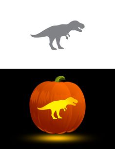 an orange pumpkin with a dinosaur on it