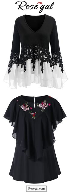 Free shipping worldwide.Plus Size Embroidered Mesh Panel Flounce Blouse. #plussizeoutfits #blouses #womensfashion #summer #spring #ideas Bell Sleeve Dress Outfit, Long Sleeve Vintage Dresses, Black Bell Sleeve Dress, Trendy Embroidery, Plus Size Black Dresses, Blouse Indian, Indian Blouse, Lace Dress With Sleeves, Floral Fashion