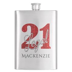 a flask with the number one on it in red and silver glitters is shown