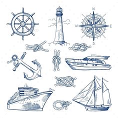 various types of boats and ships drawn by hand