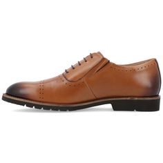 A classic that you'll want to keep in your closet forever the Morey oxford by Thomas & Vine. This genuine leather dress shoe features a 6 mm Tru Comfort Foam� footbed and an ExtraLight� outsole for extra support and comfort. Classic brogue details and a lace-up closure top the look. Business Oxfords With Perforated Plain Toe, Semi-formal Cap Toe Oxfords With Branded Insole, Business Oxfords With Perforated Toe Box, Leather Oxfords With Perforated Toe Box For Semi-formal Occasions, Leather Oxfords With Perforated Toe Box For Business, Brown Almond Toe Oxfords For Business Casual, Business Casual Dress Shoes With Perforated Toe Box, Classic Cognac Oxfords For Business, Business Casual Leather Shoes With Perforated Toe Box