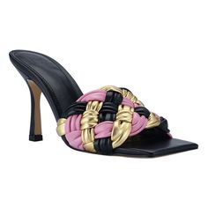 Marc Fisher Ltd Draya Braided Sandal, Black/Pink/Gold Leather Women Size 6.5 M Retail $150 New With Box Size Info Runs Small; Order 1/2 Size Up. Details & Care A Braided Strap Adds Sophisticated Texture To A Lofty Sandal With A Lightly Cushioned Footbed. 3 3/4" Heel Open Toe Slip-On Leather Upper/Synthetic Lining And Sole Imported Pink Slip-on Sandals For Evening, Pink Synthetic Evening Sandals, Braided Sandals, Leather Sandals Women, Braided Strap, Marc Fisher, Gold Leather, Leather Design, Pink Gold