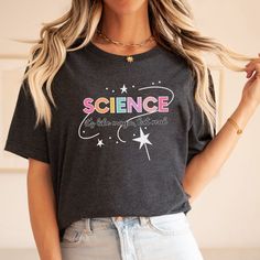 Celebrate your passion for education with our Science Teacher T-Shirt, designed for educators who inspire and make a difference every day. Featuring a fun creative graphic, this shirt is perfect for school events, casual wear, or everyday classroom outfits. This classic unisex jersey short sleeve tee fits like a well-loved favorite. Soft cotton and quality print make users fall in love with it over and over again. These t-shirts have-ribbed knit collars to bolster shaping. The shoulders have tap Casual Letter Print T-shirt For School Events, Fun T-shirt With Text Print For Back To School, Funny Text Print T-shirt For School, Casual T-shirt With Letter Print For School Events, Teacher Appreciation Crew Neck T-shirt For Back To School, Funny Slogan T-shirt For School, Casual Slogan T-shirt For Back To School, Casual Back To School Slogan T-shirt, Trendy School T-shirt With Slogan