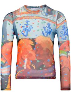 multicolour stretch-design semi-sheer construction all-over graphic print crew neck long sleeves straight hem When buying this unisex item, keep in mind that it is graded in standard men's sizing. Reflective Jacket, Yoko London, Jw Anderson, Ladies Of London, Custom Watch, Summer Beach Wear, Light Jacket, Keep In Mind, Red Sweaters