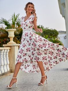 All Over Floral Print High Low Hem A-line Dress | EMERY ROSE High Low Chiffon Dress, Flowy Chiffon Dress, Summer Maxi Dress Boho, Best Maxi Dresses, Sundress Dress, Sleeveless Skirt, Casual White Dress, High Waist Dress, Floral Print Midi Dress