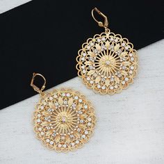 La Vie Parisienne | Crystal Filigree Earrings, White Opal Boho Chic Bride, Gold Filigree Earrings, Wedding Handbag, Evening Jewelry, Bar Jewelry, Scallop Edge, Filigree Earrings, Clear White, Gold Filigree