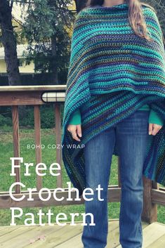 a woman wearing a blue and green crochet shawl with text overlay that says free crochet pattern