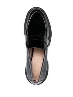 Soho patent-leather loafers from STUART WEITZMAN featuring black, calf leather, branded insole, round toe, slip-on style, rubber sole and mid block heel. | Stuart Weitzman Soho patent-leather loafers Patent Leather Loafers, All About Shoes, Leather Loafers, Stuart Weitzman, Soho, Calf Leather, Patent Leather, Block Heels, Rubber Sole