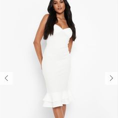 Beautiful White Flounce Hem Dress! Straps Are Not Adjustable. This Is A Size 6 But I Usually Wear A 4 And It's Tight On Me! Runs Small. New With Tags Blue Sailor Dress, Dress Straps, Floral Wrap Maxi Dress, Flounce Hem Dress, Strappy Midi Dress, Zebra Print Dress, Boohoo Dresses, Lace Shift Dress, Fabulous Dresses