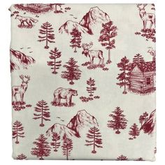 a red and white fabric with trees, mountains and animals on it's side