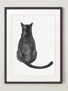 a black and white painting of a cat sitting on its hind legs in front of a wall