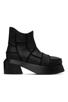 Eckhaus Latta: Black Patchwork Boots | SSENSE Leather Ankle Boots With Chunky Platform, Leather High Ankle Boots With Chunky Platform, Leather High Ankle Platform Boots With Vibram Sole, High Ankle Leather Platform Boots With Vibram Sole, Leather High-top Heeled Boots With Chunky Platform, Leather High-top Chunky Platform Heeled Boots, High-top Leather Platform Boots With Reinforced Heel, Leather Chunky Platform Ankle Boots, Leather Ankle Boot With Chunky Platform