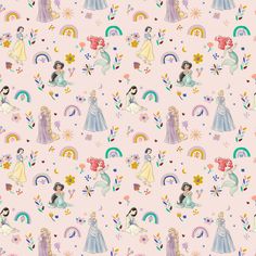 a pink background with princesses and rainbows