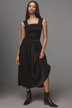 Rendered in a satin shade only-at-Anthro , the Violet Midi Dress by Damson Madder features a shirred bodice with a square neckline that flows to a midi-length skirt. | Violet Satin Midi Dress by Damson Madder in Black, Women's, Size: 2, Polyester/Viscose/Ecovero at Anthropologie Fitted Bodice Midi Dress With Smocked Back, Fitted Bodice Smocked Back Midi Dress, Midi Dress With Smocked Back And Fitted Bodice, Elegant Midi Dress With Smocked Bodice And Straight Neckline, Sleeveless Smocked Bodice Midi Dress For Evening, Elegant Formal Midi Dress With Smocked Bodice, Knee-length Smocked Bodice Evening Midi Dress, Knee-length Smocked Bodice Midi Dress For Evening, Elegant A-line Midi Dress With Smocked Back