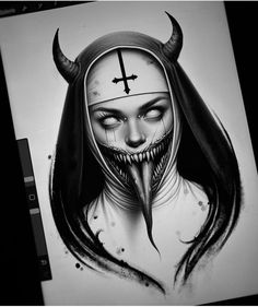 a drawing of a woman with horns and a cross on her face