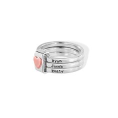 Unique Design - Each ring can be moved and grouped together with a heart-shaped tie to indicate that all children are always with their mothers.Choose from 2-5 Rings - Comes in our keepsake ring box. Please note ring bands are 2mm wide and use a 2mm size font.A Gift for Mothers and Grandmothers - This set of joined personalized stacking rings is the perfect way to carry your loved ones with you daily. Customizable Heart-shaped Ring For Mother's Day, Personalized Adjustable Heart Ring For Valentine's Day, Personalized Heart-shaped Rings For Valentine's Day, Personalized Heart Rings For Valentine's Day, Heart-shaped Rings For Valentine's Day Personalized Gift, Personalized Adjustable Heart Ring For Mother's Day, Adjustable Engraved Ring For Valentine's Day Promise, Personalized Heart Stackable Rings For Gifts, Personalized Heart Stackable Rings As Gift