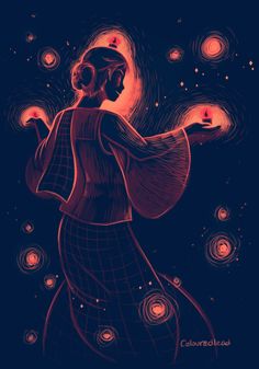 a woman holding candles in her hand and looking up at the sky with circles around her