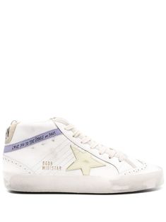 white/multicolour calf leather distressed effect round toe perforated detailing logo patch at the tongue appliqué logo to the side logo print to the side branded heel counter pull-tab at the heel ankle-length branded insole French terry lining flat rubber sole front lace-up fastening White High-top Sneakers With Embossed Logo, High-top Sneakers With Embossed Logo, Golden Goose Mid Star, Golden Goose Mid, Golden Goose Sneakers, Golden Goose Deluxe Brand, Hi Top, Golden Goose, Sneakers White