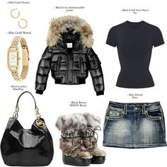 Moon Boots Mini Skirt, Fits With Puffer Jackets, Puffer And Skirt Outfit, Fur Puffer Jacket Outfit, Styling Fur Boots, How To Style Moon Boots, Winter Outfits With Black Boots, Outfits With Moon Boots, Black Puffer Jacket Outfits